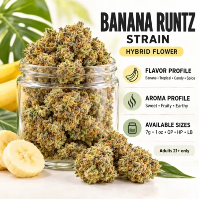 Banana Runtz strain flower with flavor, aroma and available size guide