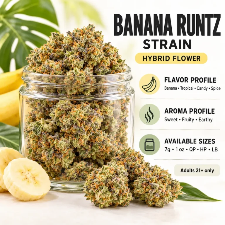 Banana Runtz strain flower with flavor, aroma and available size guide