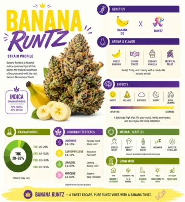 Banana Runtz strain profile showing terpenes, 20 to 26% THC, and the effects timeline from mood lift to body calm