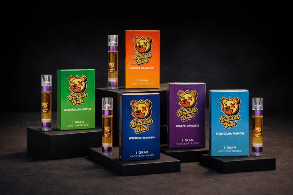 Buy Buddah Bear carts and flavor boxes arranged in a premium dark studio lineup