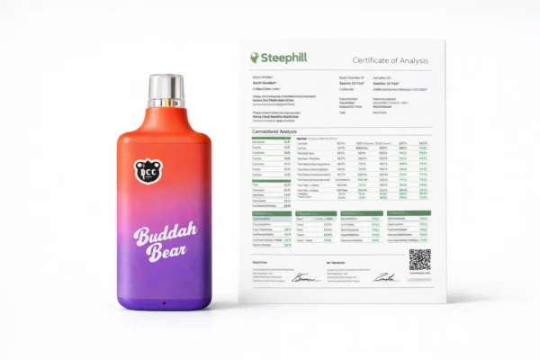 Buddah Bear disposable vape beside certificate of analysis document on clean white surface