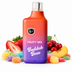 Buddah Bear disposable vape labeled Fruity Mix on white background with fruit and candy flavor elements