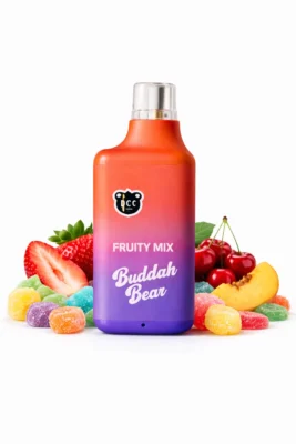 Buddah Bear disposable vape labeled Fruity Mix on white background with fruit and candy flavor elements