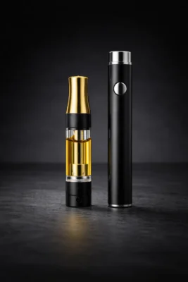 Buddah Bear vape cartridge beside 510-thread battery on dark slate surface