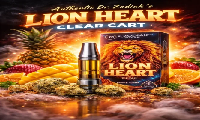 Authentic Dr Zodiak Lion Heart Clear Cart vape cartridge with cannabis moonrocks and tropical fruit flavor profile