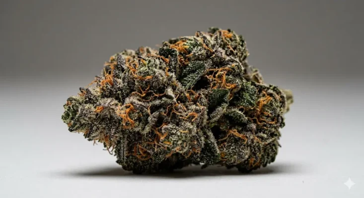 Buy Godfather OG online, close-up of a frosty purple-tinged Godfather OG bud