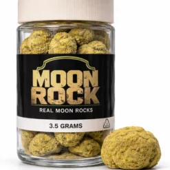 buy-kurupts-moonrocks-real-moon-rocks-35g-jar-california-lab-tested Kurupts Moon Rock jar labeled 3.5 grams with moonrocks inside and one kief-coated nug beside on a white background