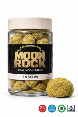 Kurupts Moon Rock jar labeled 3.5 grams with moonrocks inside and one kief-coated nug beside on a white background