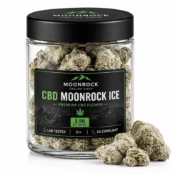 CBD Moonrock Ice by Moonrock Online Shop CBD Moonrock Ice by Moonrock Online Shop in clear glass jar with black and green label on white background