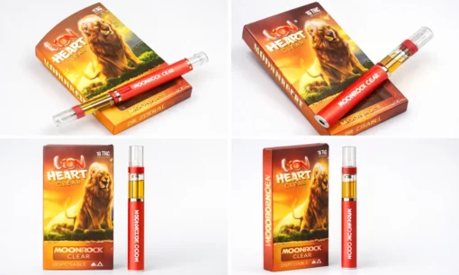 Dr Zodiak Lion Heart Clear disposable vape pen product image showing four clean angles with packaging and golden distillate