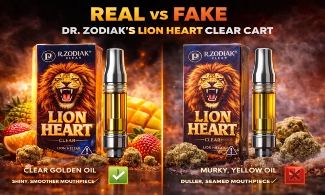 Dr Zodiak Lion Heart Clear Cart real vs fake comparison showing authentic clear golden oil and counterfeit murky yellow oil