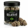 Gelato 41 by Moonrock Online Shop Gelato 41 premium cannabis flower by Moonrock Online Shop in clear glass jar on white background