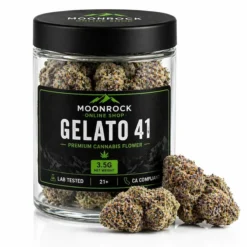 Gelato 41 by Moonrock Online Shop Gelato 41 premium cannabis flower by Moonrock Online Shop in clear glass jar on white background
