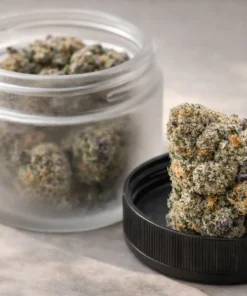 ice-cream-cake-thca-flower-jar-open-bud-on-lid Ice Cream Cake THCA flower bud resting on jar lid with frosted glass cannabis jar in background