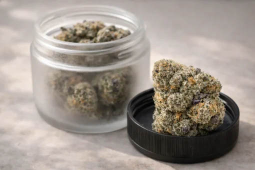 Ice Cream Cake THCA flower bud resting on jar lid with frosted glass cannabis jar in background