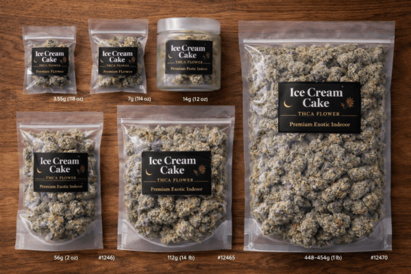 Ice Cream Cake THCA flower size lineup showing multiple package sizes arranged on wooden surface