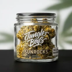 Jungle Boys Sunrocks Product Jar Batch 001 buy Jungle Boys Sunrocks online glass jar with THC-A label and golden kief-coated nuggets