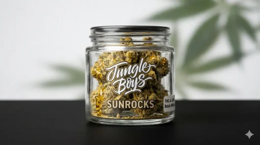buy Jungle Boys Sunrocks online glass jar with THC-A label and golden kief-coated nuggets