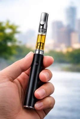 Moonrock Clear Cart attached to 510-thread vape battery ready to use Los Angeles