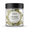 og-kush-moonrock-online-shop-cannabis-flower-jar-white-background. OG Kush premium cannabis flower by Moonrock Online Shop in clear glass jar with label on white background