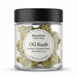 OG Kush premium cannabis flower by Moonrock Online Shop in clear glass jar with label on white background