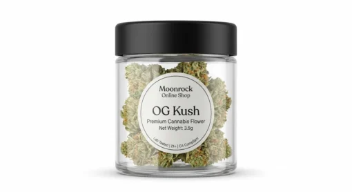 og-kush-moonrock-online-shop-cannabis-flower-jar-white-background. OG Kush premium cannabis flower by Moonrock Online Shop in clear glass jar with label on white background