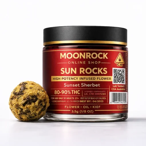 Premium infused cannabis flower jar Sun Rocks Sunset Sherbet infused cannabis flower jar 3.5g by Moonrock Online Shop