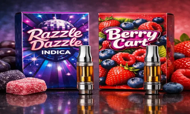 Razzle Dazzle Indica vape cartridge vs Berry flavored vape cart side by side with fruit flavor visuals