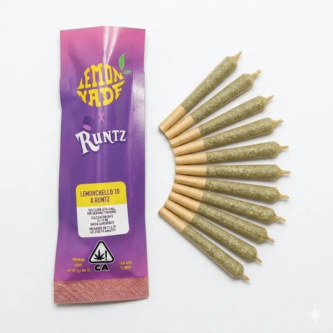 A 10 pack Runtz Lemonchello pre-roll joint pouch arranged on a white background with pre-rolls displayed beside the packaging.