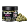 Top‑down view of Sharklato Runtz premium cannabis flower jar lid showing label alignment and California compliance icons for a premium cannabis flower guide.