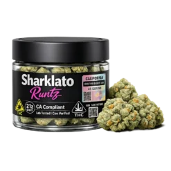 Sharklato Runtz Cannabis Flower – Three‑Quarter Display Top‑down view of Sharklato Runtz premium cannabis flower jar lid showing label alignment and California compliance icons for a premium cannabis flower guide.