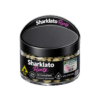 Top‑down view of Sharklato Runtz premium cannabis flower jar lid showing label alignment and California compliance icons for a premium cannabis flower guide.