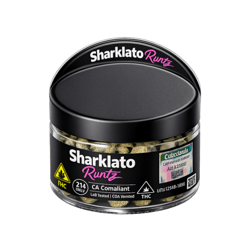 Top‑down view of Sharklato Runtz premium cannabis flower jar lid showing label alignment and California compliance icons for a premium cannabis flower guide.