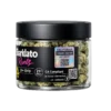 Side angle of Sharklato Runtz premium cannabis flower jar displaying California excise tax sticker and compliance symbols for a premium cannabis flower guide