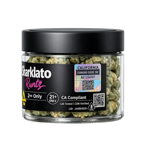 Side angle of Sharklato Runtz premium cannabis flower jar displaying California excise tax sticker and compliance symbols for a premium cannabis flower guide