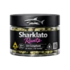 Front view of Sharklato Runtz premium cannabis flower jar with shark logo, showing California compliance icons and label details for a premium cannabis flower guide.