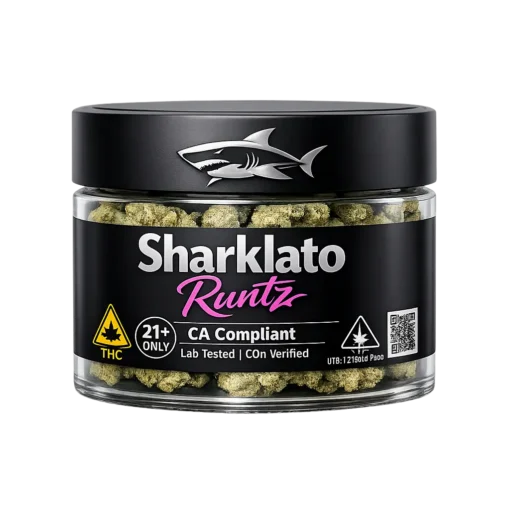 Front view of Sharklato Runtz premium cannabis flower jar with shark logo, showing California compliance icons and label details for a premium cannabis flower guide.