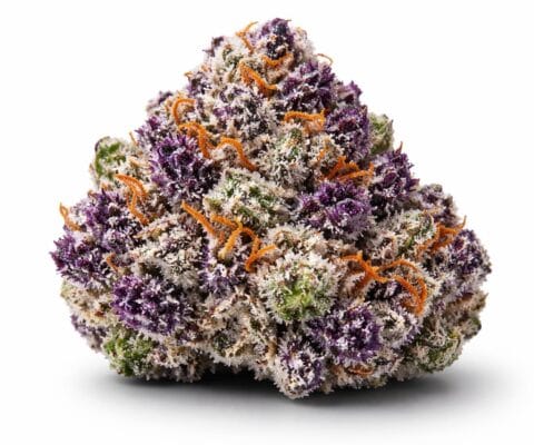 Strawberry Shortcake cannabis strain bud isolated on white background with purple hues and frosty trichomes