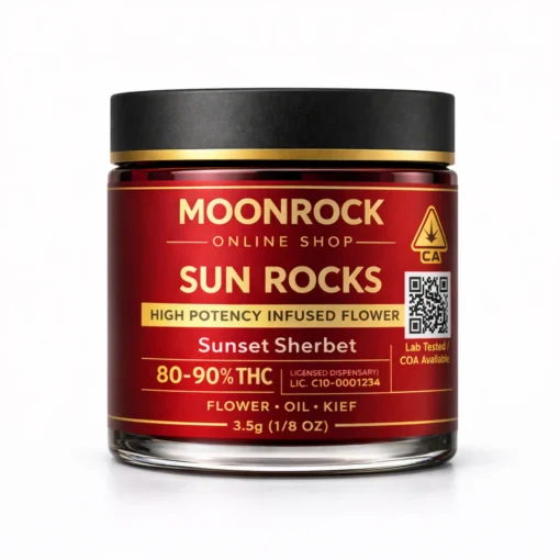 Sunset Sherbet infused flower jar label details Sunset Sherbet infused cannabis flower jar label showing product details and weight