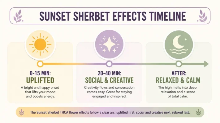 Sunset Sherbet THCA flower effects timeline showing the shift from uplifted to relaxed