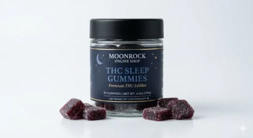 THC Sleep Gummies by Moonrock Online Shop Premium THC sleep gummies jar Moonrock Online Shop cannabis edibles white background
