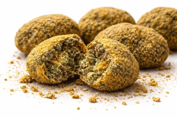 Real cannabis moonrock split open on a white background showing flower core, sticky concentrate, and golden kief coating